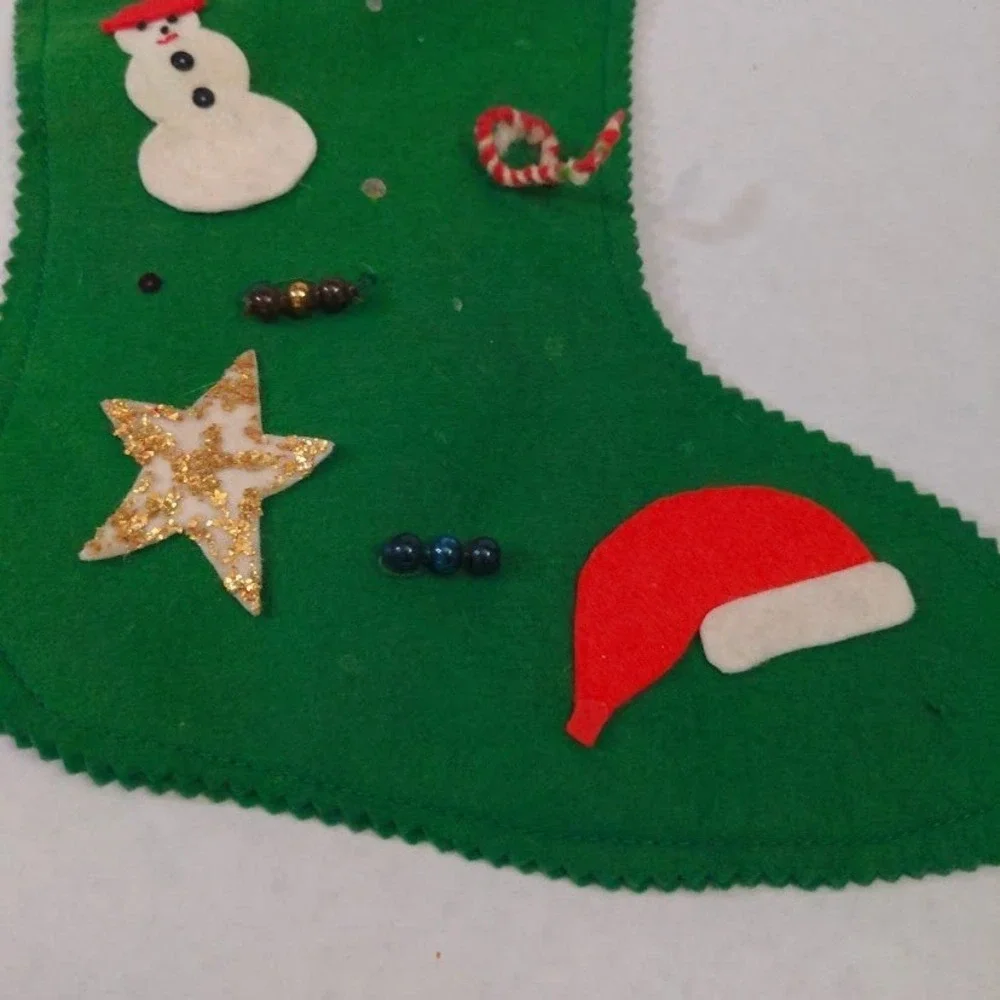 Vintage Handmade Green Felt Christmas Stocking Mark Snowman Star Bell